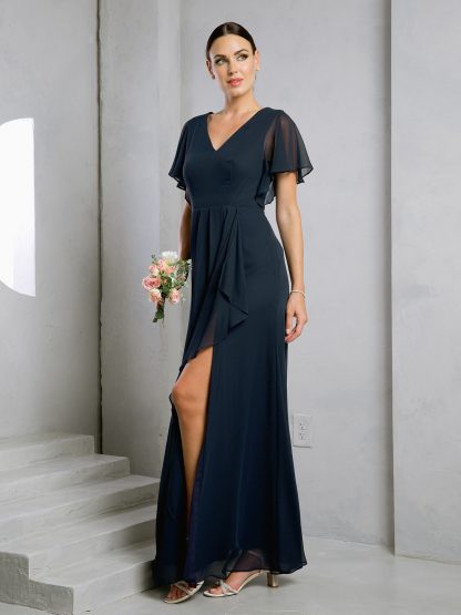 3442 - Ruffle Sleeve Chiffon BM Gown With Front Slit And Pockets - Image 19