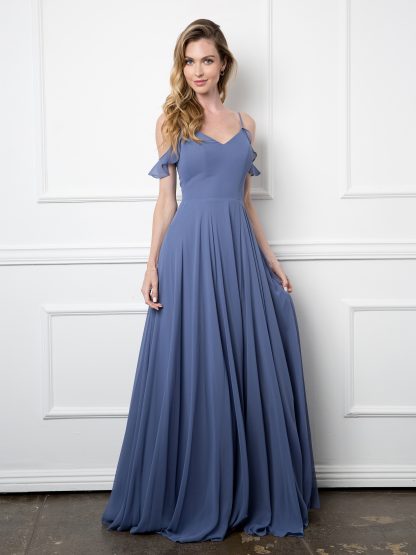 3447 - Off Shoulder Chiffon BM Gown With Corset And Front Slit - Image 7