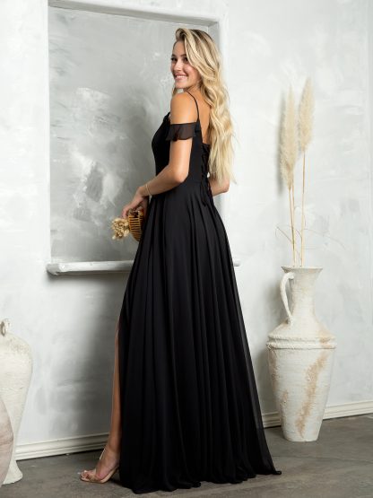3447 - Off Shoulder Chiffon BM Gown With Corset And Front Slit - Image 3