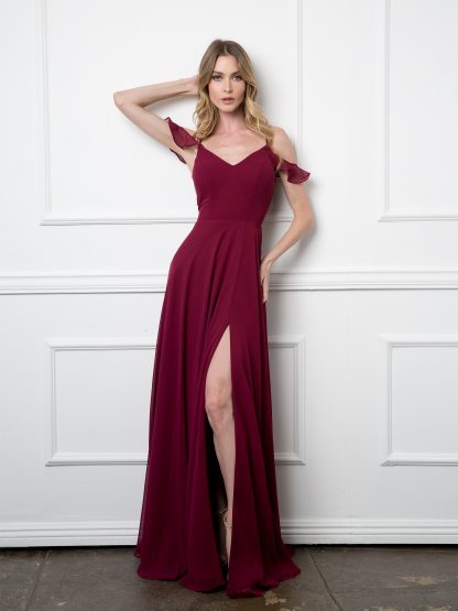 3447 - Off Shoulder Chiffon BM Gown With Corset And Front Slit - Image 4