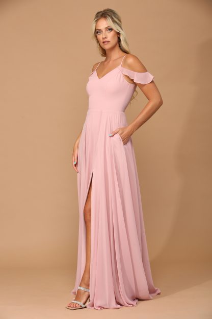 3447 - Off Shoulder Chiffon BM Gown With Corset And Front Slit - Image 9