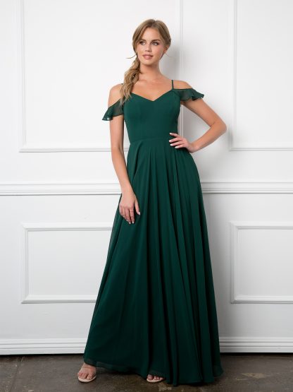3447 - Off Shoulder Chiffon BM Gown With Corset And Front Slit - Image 5