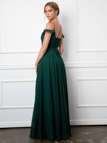 3447 - Off Shoulder Chiffon BM Gown With Corset And Front Slit - Image 6