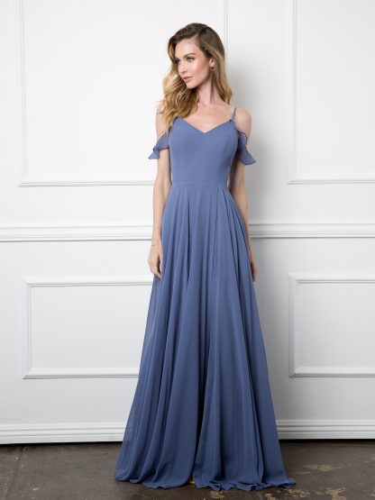 3447 - Off Shoulder Chiffon BM Gown With Corset And Front Slit - Image 8