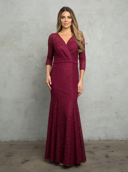 3450 - 3/4 Sleeve Long Glittered Lace Gown FLASH SALE THROUGH THE END OF JUNE! $10 WHEN BUYING 10 OR MORE PIECES.