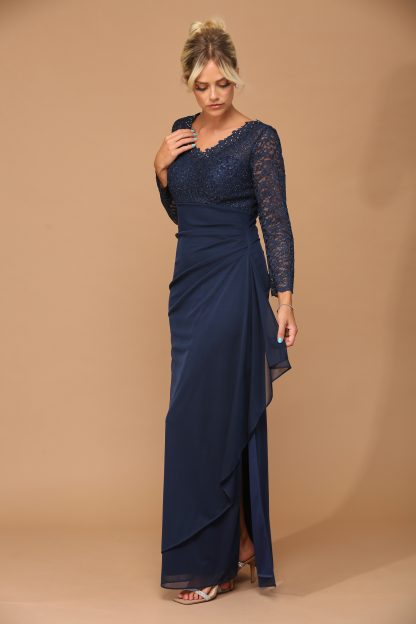 3451 - MOB Long Sleeve Lace And Chiffon Jersey Gown - Image 8