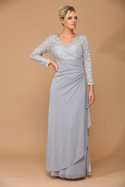 3451 - MOB Long Sleeve Lace And Chiffon Jersey Gown