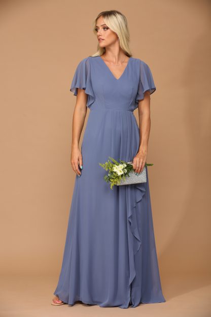 3442 - Ruffle Sleeve Chiffon BM Gown With Front Slit And Pockets - Image 13