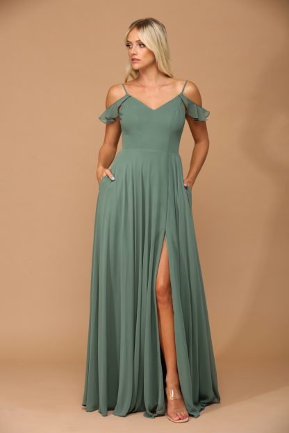 3447 - Off Shoulder Chiffon BM Gown With Corset And Front Slit - Image 11