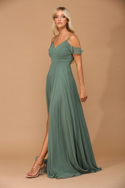 3447 - Off Shoulder Chiffon BM Gown With Corset And Front Slit - Image 12