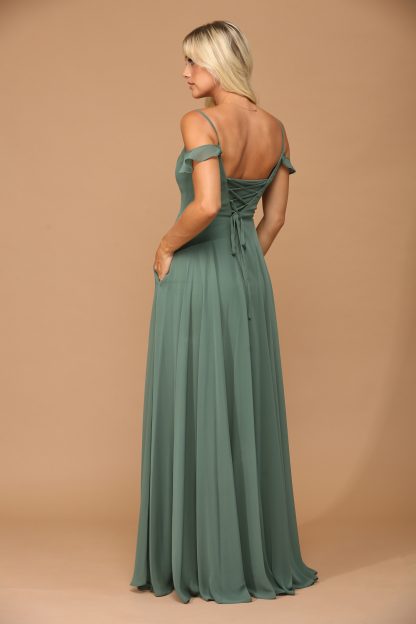 3447 - Off Shoulder Chiffon BM Gown With Corset And Front Slit - Image 13