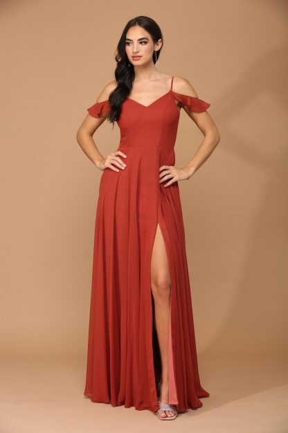 3447 - Off Shoulder Chiffon BM Gown With Corset And Front Slit - Image 14
