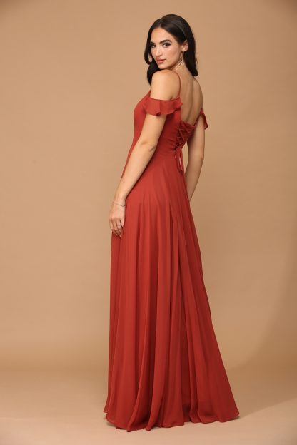 3447 - Off Shoulder Chiffon BM Gown With Corset And Front Slit - Image 15