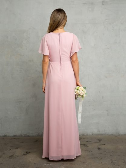 3442 - Ruffle Sleeve Chiffon BM Gown With Front Slit And Pockets - Image 2
