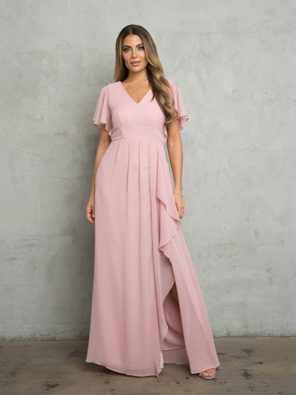 3442 - Ruffle Sleeve Chiffon BM Gown With Front Slit And Pockets