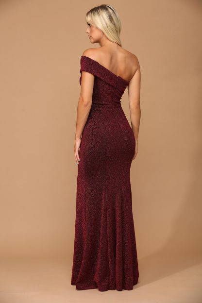 3445- Stretch One Shoulder Metallic Gown With Front Slit - Image 7