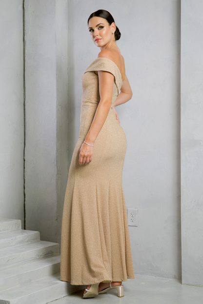 3445- Stretch One Shoulder Metallic Gown With Front Slit - Image 10