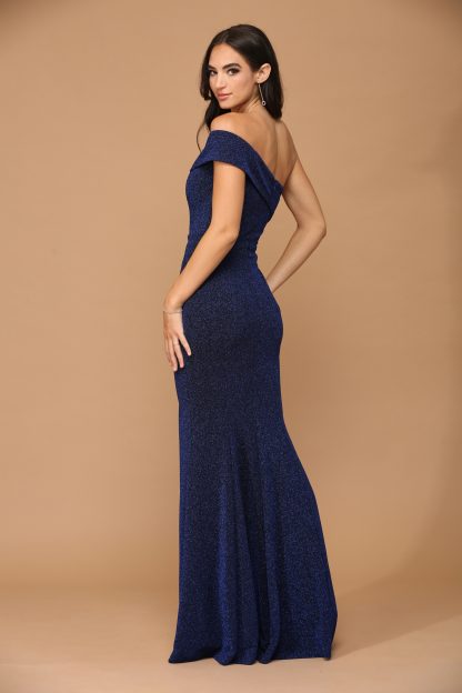 3445- Stretch One Shoulder Metallic Gown With Front Slit - Image 5