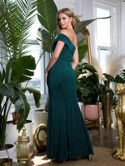3445- Stretch One Shoulder Metallic Gown With Front Slit - Image 3