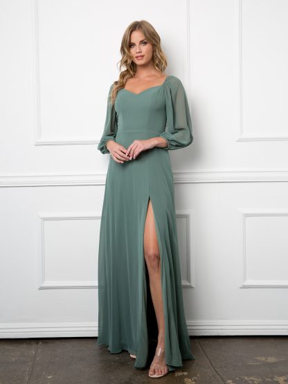 3452 - Long Sleeved Chiffon Convertible Gown With Front Slit And Pockets - Image 5