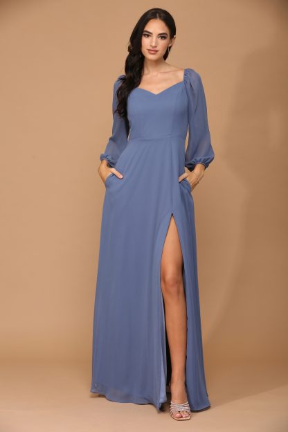 3452 - Long Sleeved Chiffon Convertible Gown With Front Slit And Pockets - Image 15