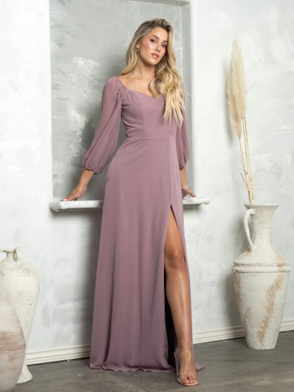 3452 - Long Sleeved Chiffon Convertible Gown With Front Slit And Pockets