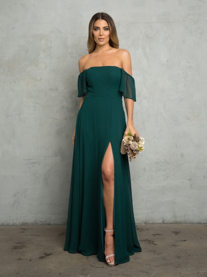 3454 - Convertible Half Sleeve Chiffon BM Dress With Front Slit - Image 3