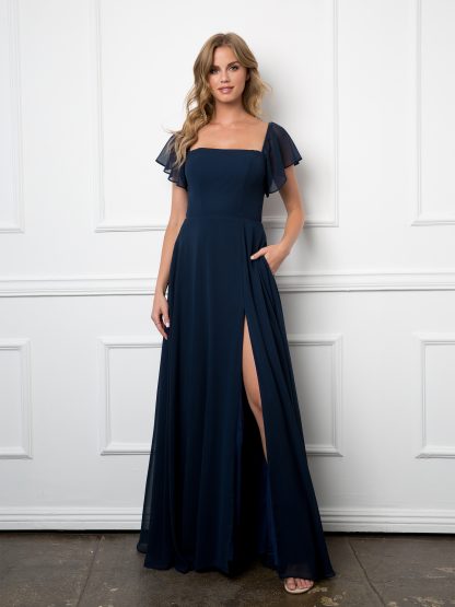 3454 - Convertible Half Sleeve Chiffon BM Dress With Front Slit - Image 10