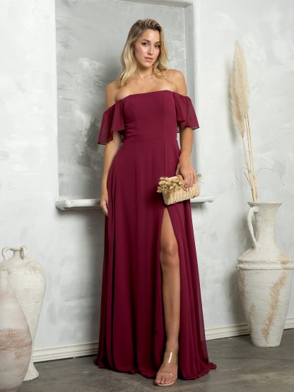 3454 - Convertible Half Sleeve Chiffon BM Dress With Front Slit - Image 2