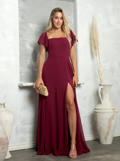 3454 - Convertible Half Sleeve Chiffon BM Dress With Front Slit