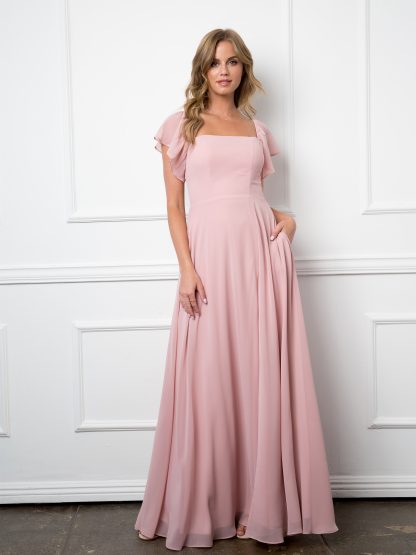 3454 - Convertible Half Sleeve Chiffon BM Dress With Front Slit - Image 6