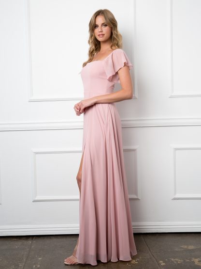 3454 - Convertible Half Sleeve Chiffon BM Dress With Front Slit - Image 7