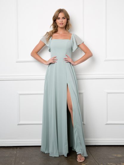 3454 - Convertible Half Sleeve Chiffon BM Dress With Front Slit - Image 12