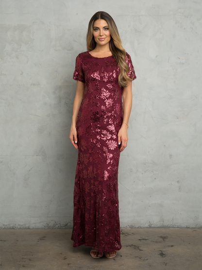 3456 - Short Sleeve Sequin Mama Sheath Gown With Back Zipper