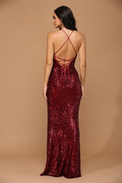 3457 -Sequin Shirred Fitted Gown With Front Slit And Open Corset Back - Image 11