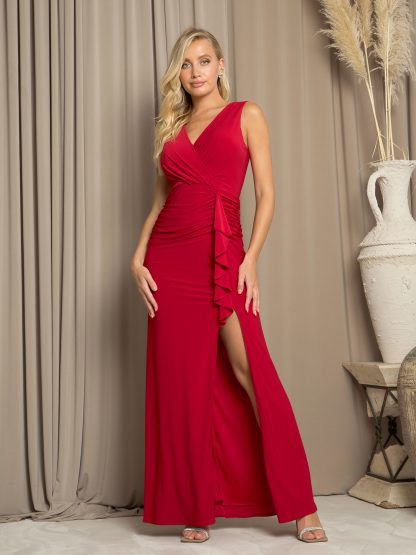 3459 - ITY Sleeveless V-Neck MOB Gown With Front Slit