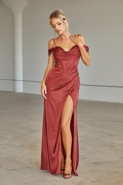 3461 - Sexy Off Shoulder Satin Corset Bodice Gown With High Front Slit - Image 7