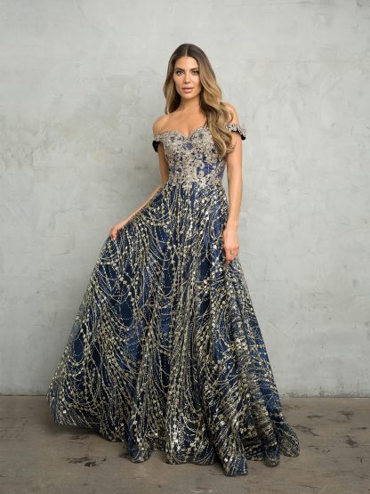 5245 - Glitter Off Shoulder Ball Gown With Corset Back - Image 3