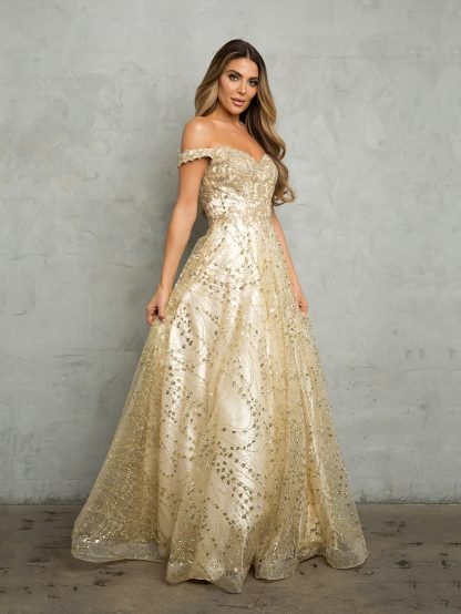 5245 - Glitter Off Shoulder Ball Gown With Corset Back