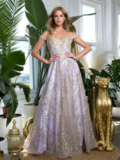 5245 - Glitter Off Shoulder Ball Gown With Corset Back - Image 4