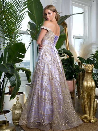 5245 - Glitter Off Shoulder Ball Gown With Corset Back - Image 5