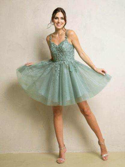 5246 - GLITTERED MINI TULLE DRESS WITH LACE EMBROIDERED BODICE AND CORSET BACK - Image 9