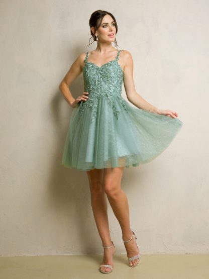 5246 - GLITTERED MINI TULLE DRESS WITH LACE EMBROIDERED BODICE AND CORSET BACK