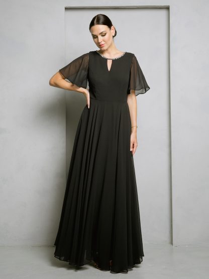3468 - Chiffon gown with bell sleeves and beaded neckline. Fully lined with back zipper & pockets. - Image 8
