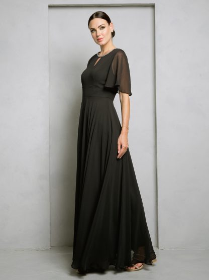 3468 - Chiffon gown with bell sleeves and beaded neckline. Fully lined with back zipper & pockets. - Image 9