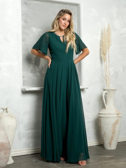 3468 - Chiffon gown with bell sleeves and beaded neckline. Fully lined with back zipper & pockets. - Image 2