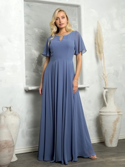 3468 - Chiffon gown with bell sleeves and beaded neckline. Fully lined with back zipper & pockets. - Image 4