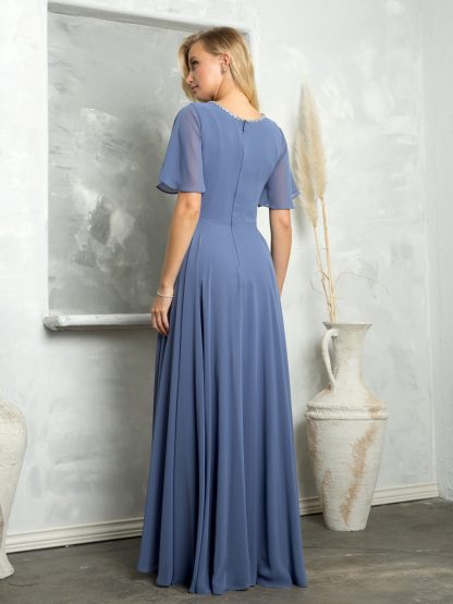 3468 - Chiffon gown with bell sleeves and beaded neckline. Fully lined with back zipper & pockets. - Image 6
