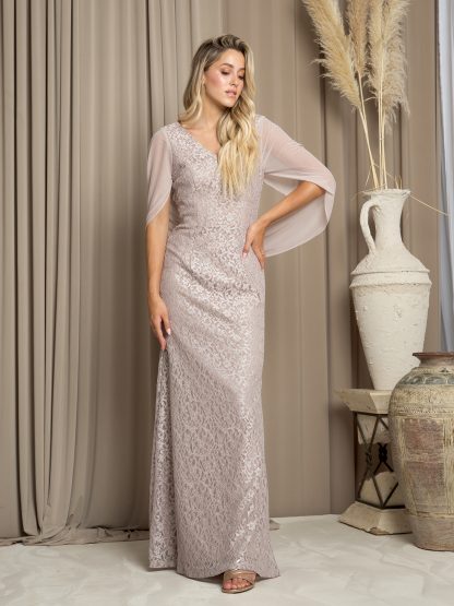 3471 - LACE MOB GOWN WITH CHIFFON COWL BACK