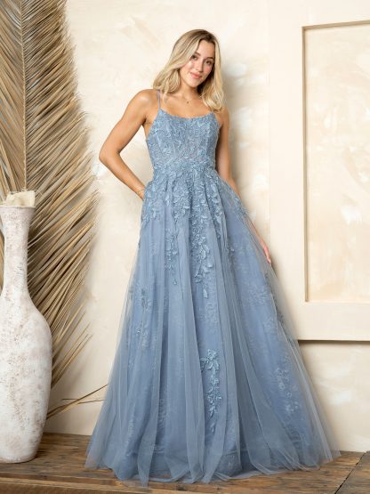 5254 - LACE AND TULLE A-LINE BALL GOWN W CORSET TIE BACK AND POCKETS